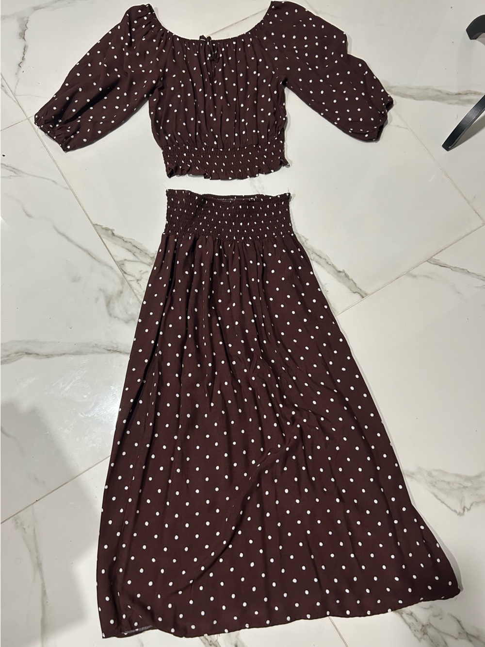 Polka Dot Maxi Two Piece Set - Top and Sk Brown and White Elastic Smocked Waist